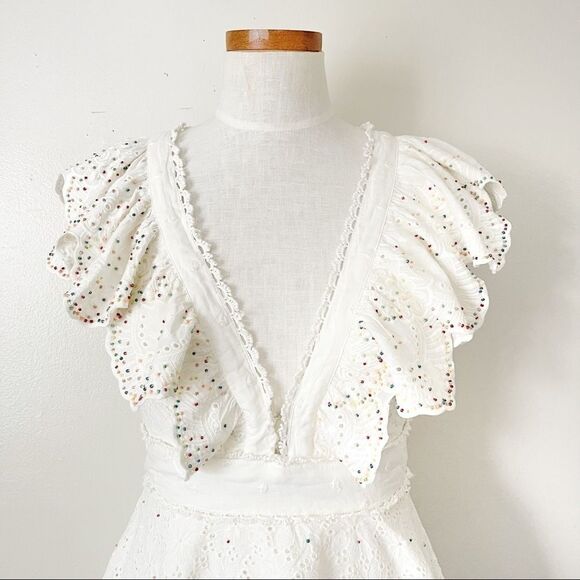 Farm Rio White Eyelet Beaded Ruffle Mini Dress NWOT XS - Picture 3 of 11
